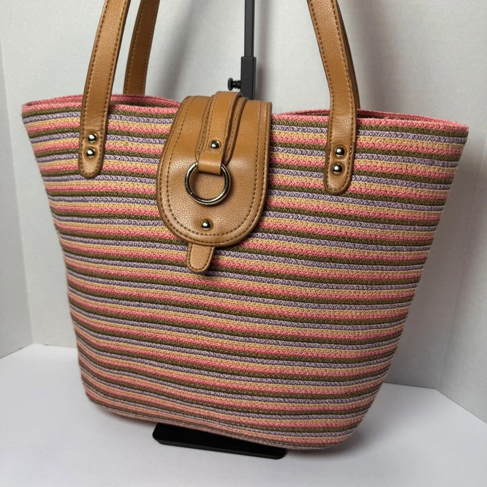 Liz Claiborne Woven Striped Multicolor Tote Shoulder Bag Tan Faux Leather Straps